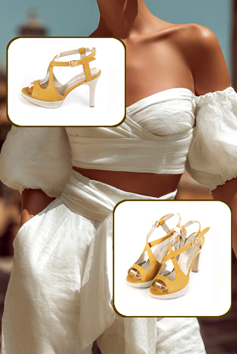 Women's mustard yellow elegant cross straps sandals. Round toe. High slim heel with a platform at the front - Worn view